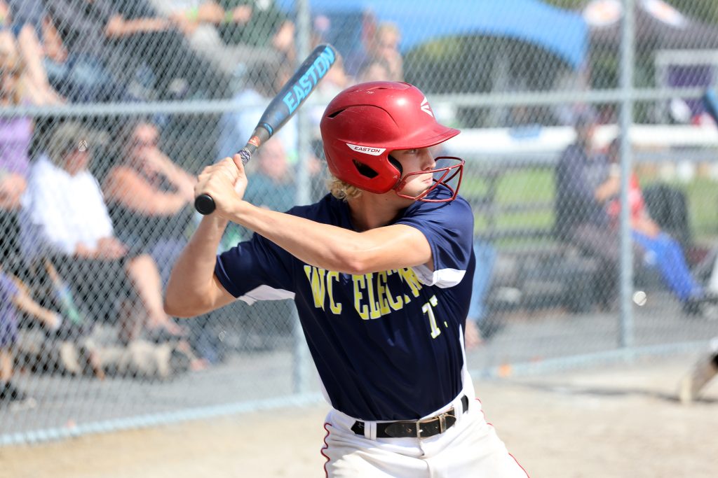 A batter waits for a pitch.