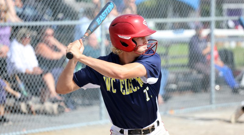 A batter waits for a pitch.