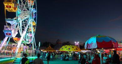 A night photo of the Carp Fair midway.