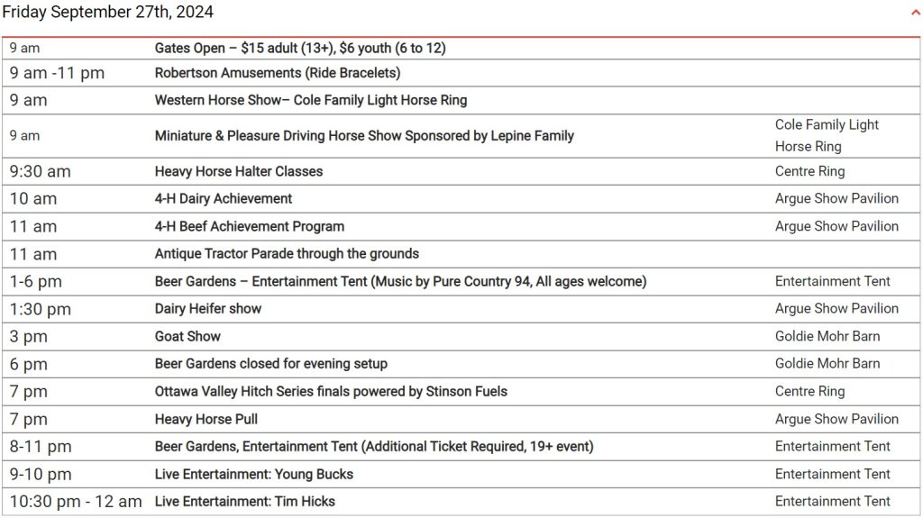 A schedule of events.