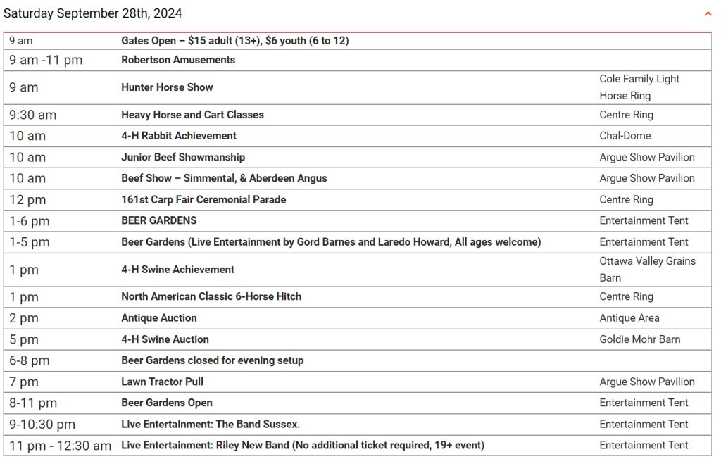 A schedule of events.