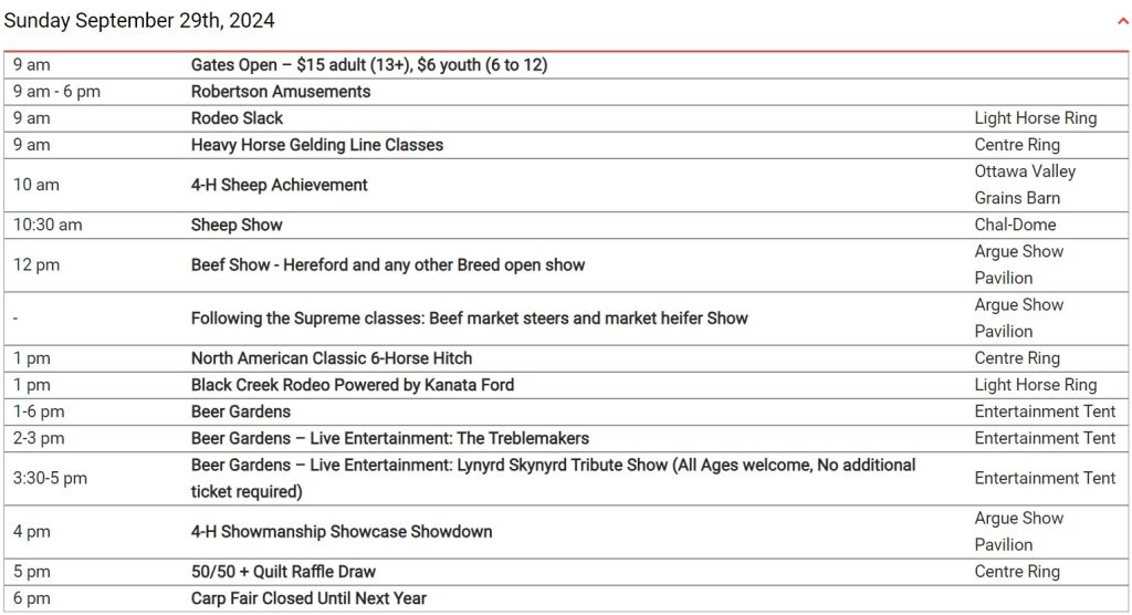 The Carp Fair Schedule.