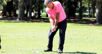 A man swings a golf club.