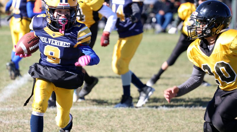 A football player runs down field.