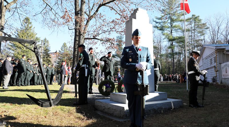 Two soldiers salute a Cenotaph.