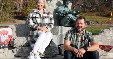 Two people pose on a statue.