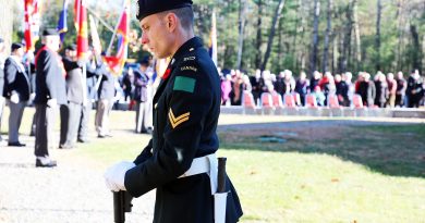 A man stands at guard during a Remembrance Day service.