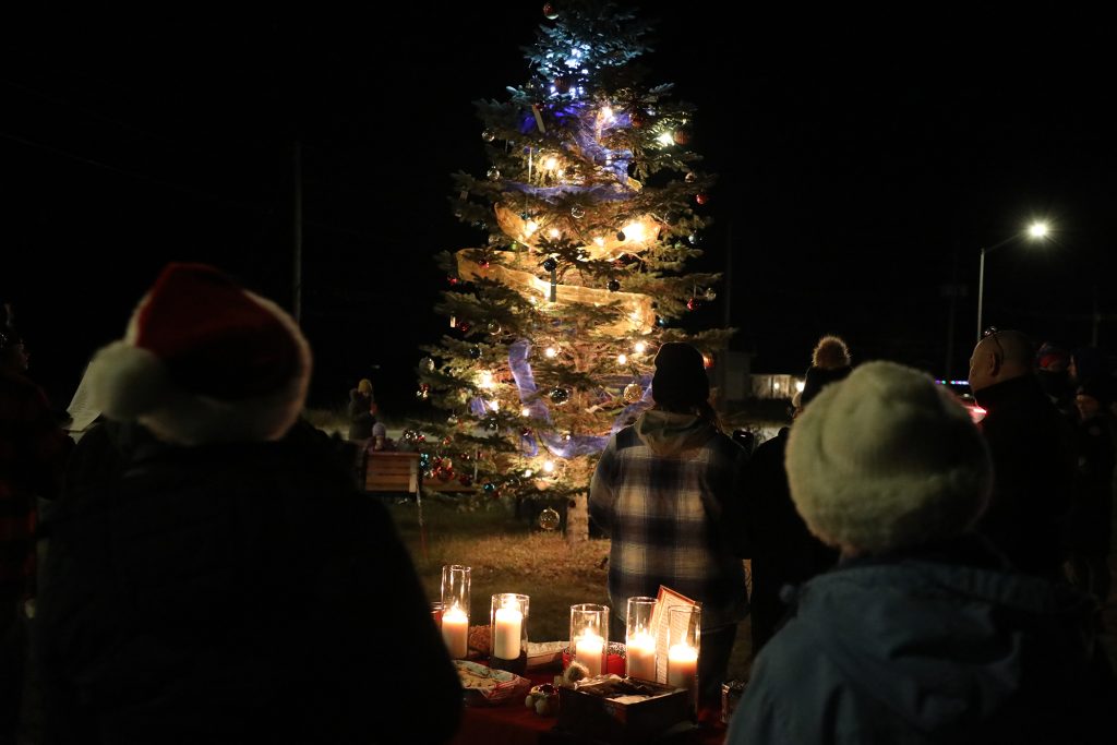 People watch a Christmas tree get lit up.