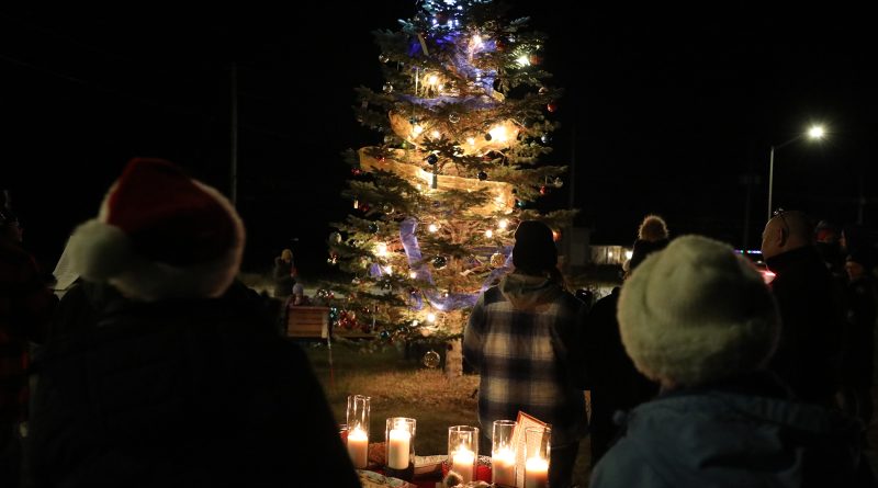 People watch a Christmas tree get lit up.