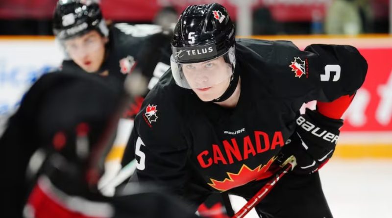 A hockey player gets ready for a faceoff.