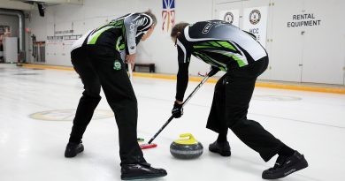 Two people sweep a curling stone.