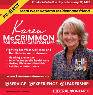 An ad for MPP Karen McCrimmon's reelection campaign. Click the ad to be taken to her screen readable website.