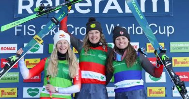 Three skiers celebrate on the podium.