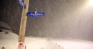 Snow hits a street sign.