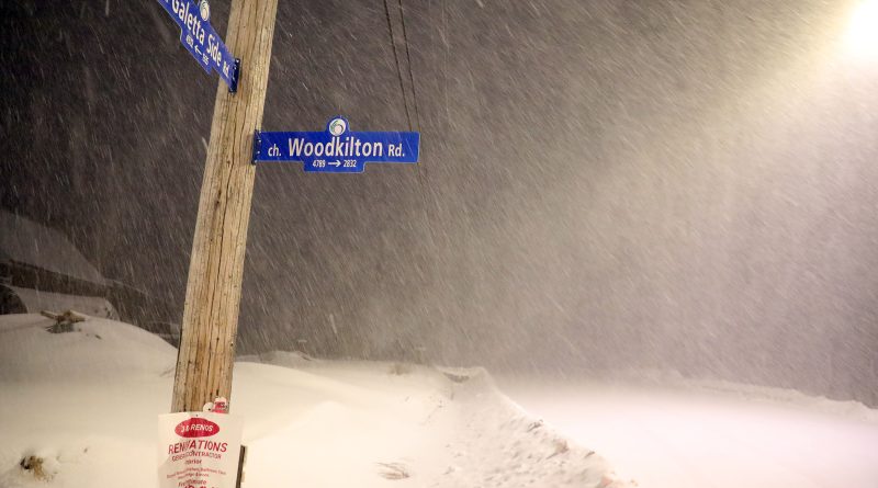 Snow hits a street sign.