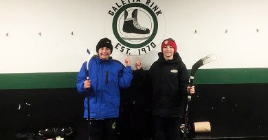 Two boys pose in the Galetta rinks changing room.