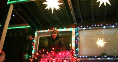 A woman poses amidst Christmas lights.