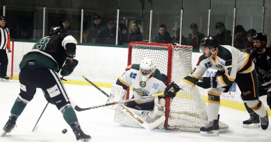 A hockey player prepares to shoot a puck.