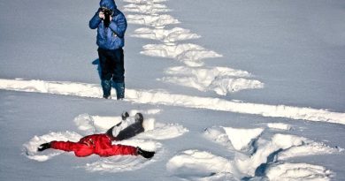 A person makes a snow angel.