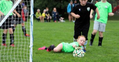 A girl makes a save in a soccer game.