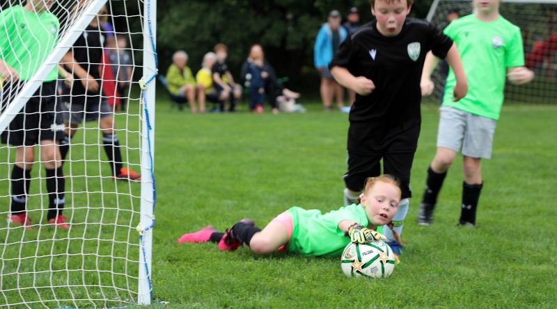 A girl makes a save in a soccer game.