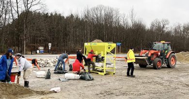 A photo of people filling sandbags.