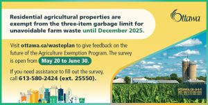 An ad for the City of Ottawa's three-bag limit exemption for farms. Click for more information,