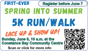 An ad for a Constance and Buckham's Bay Community Association 5 km run/walk June 8. Click for more information.