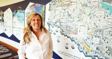 A politician poses beside a map of high tech companies.