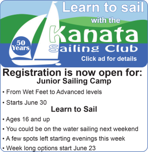 An ad for Kanata Sailing Club's Learn to Sail programs. Click for more details.