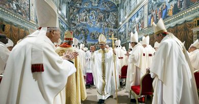 The pope is surrounded by colleagues during his first mass.