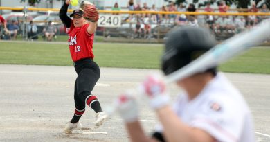 A pitcher delivers a pitch.