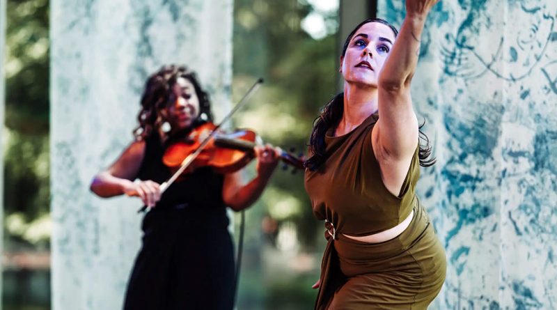 A dancer and fiddler perform.