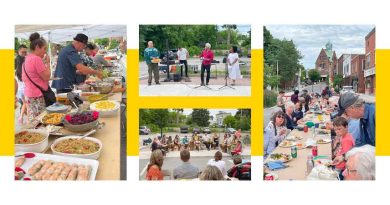 A collage of photos from a potluck.