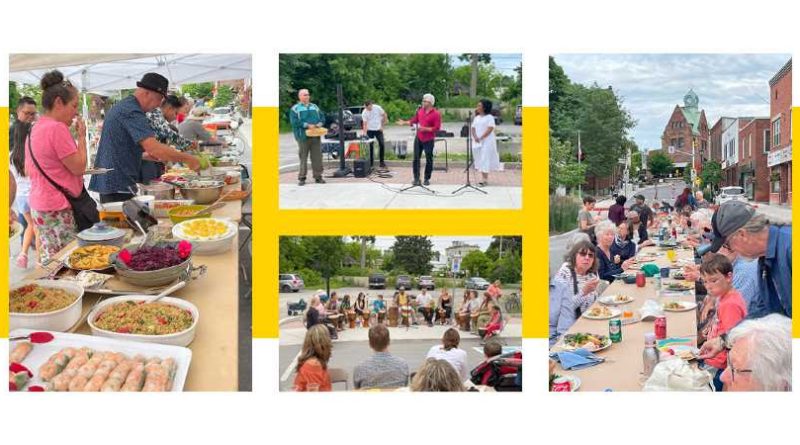 A collage of photos from a potluck.