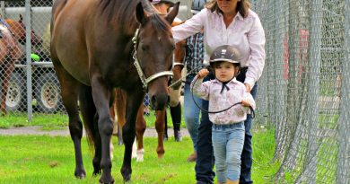A young person and an adult walk a horse.