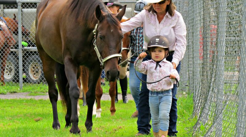 A young person and an adult walk a horse.