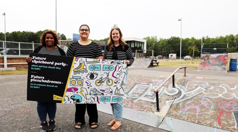 Three people pose at a skate park.