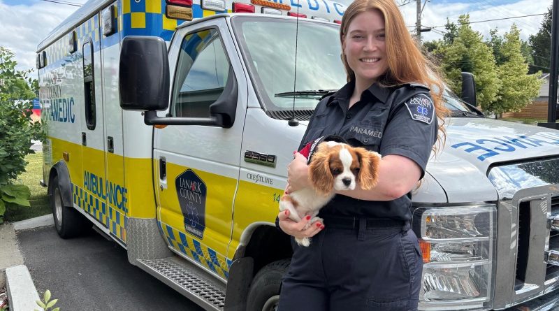 A photo of a paramedic holding a dog.