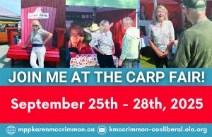 An ad for MPP Karen MacCrimmon who will be at the Carp Fair all weeekend.
