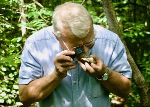 A man looks at crystal.