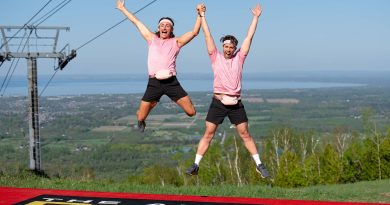 Two people jump with joy.