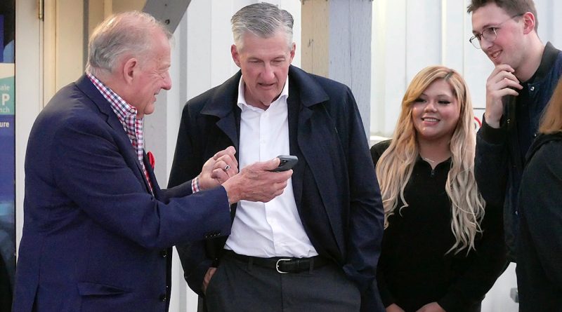 People look at a phone.