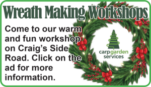 An ad for wreath making workshops in Carp. Click for screen readable details on the fun event.