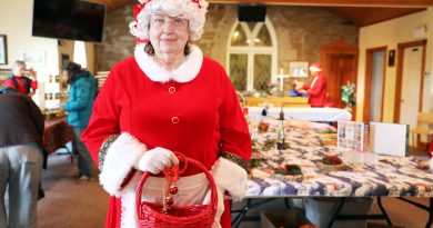 Ms. Claus poses in a room full of shoppers.