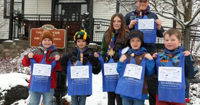 1st Carp Scouts collecting food Dec. 13 Some 1st Carp Scouts pose with grocery bags.