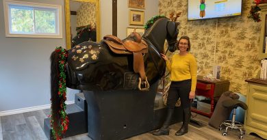 A woman poses next to a mechanical horse.
