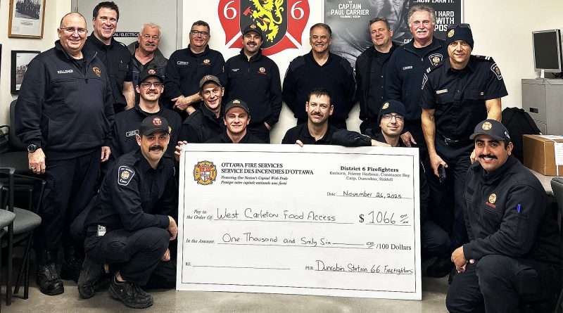 A group of firefighters pose with a really big cheque.