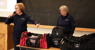 Two people share what is in their bag.