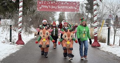 People in ugly sweaters go for a walk.
